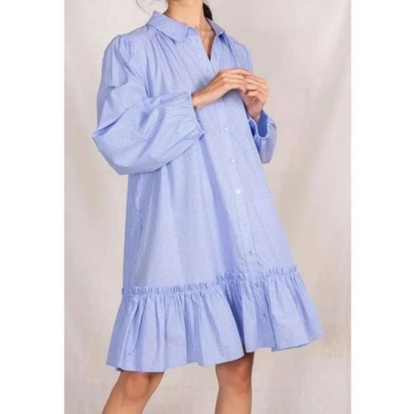 Anthropologie Dresses & Skirts - ANTHROPOLOGIE Blue Striped Shirtdress Size M Ruffle Hem Button Up Balloon Sleeve